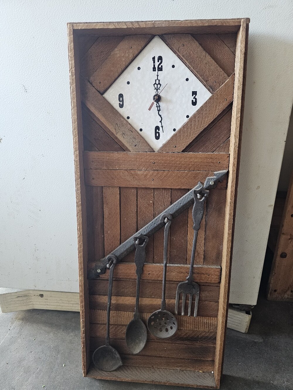 Rustic Wall Clock with Hanging Kitchen Utensils - Brown